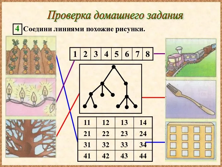 Проверка домашнего задания 4 Соедини линиями похожие рисунки.