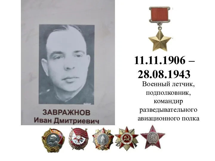 11.11.1906 – 28.08.1943 Военный летчик, подполковник, командир разведывательного авиационного полка