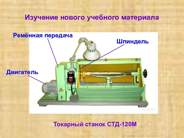 Изучение нового учебного материала Токарный станок СТД-120М Двигатель Ремённая передача Шпиндель