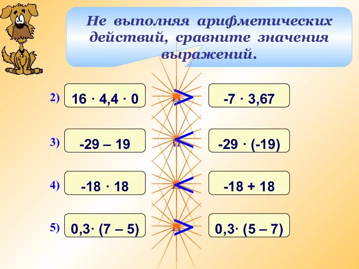 Не выполняя арифметических действий, сравните значения выражений. > >