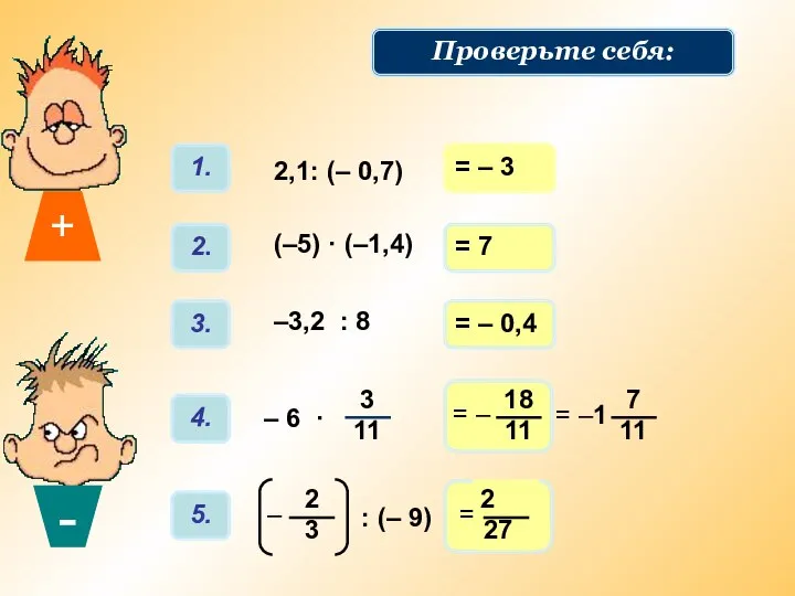 = – 3 = 7 = – 0,4 Решаем примеры: Проверьте себя: