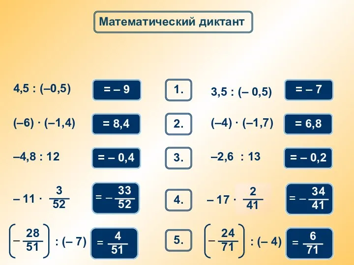 Математический диктант 1. 4,5 : (–0,5) = – 9 3,5 : (–