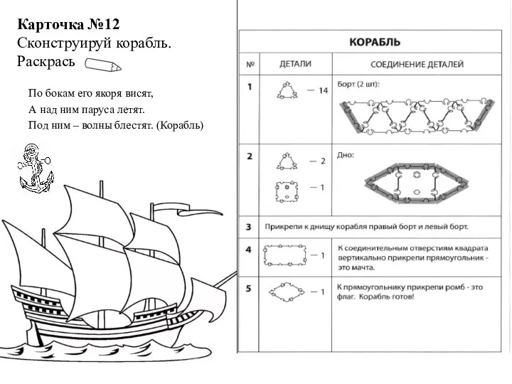 Карточка №12 Сконструируй корабль. Раскрась По бокам его якоря висят, А над