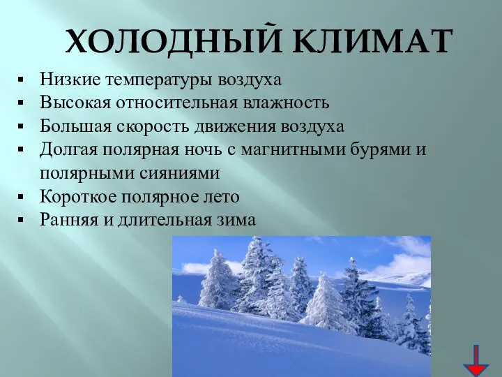 ХОЛОДНЫЙ КЛИМАТ Низкие температуры воздуха Высокая относительная влажность Большая скорость движения воздуха