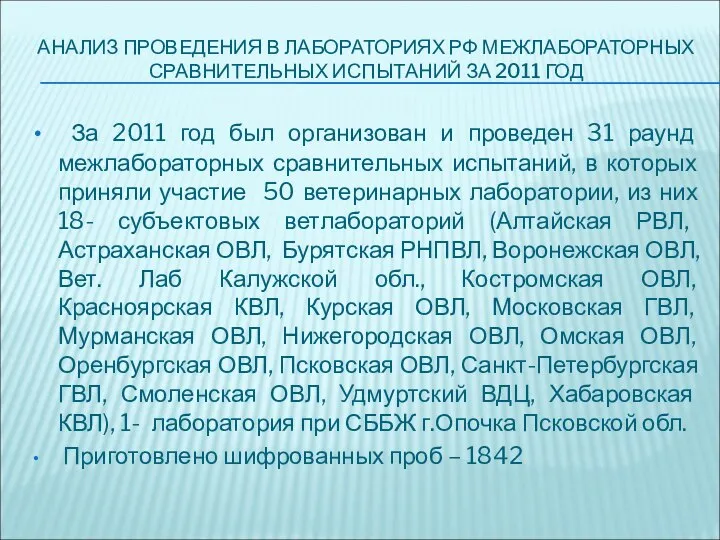 АНАЛИЗ ПРОВЕДЕНИЯ В ЛАБОРАТОРИЯХ РФ МЕЖЛАБОРАТОРНЫХ СРАВНИТЕЛЬНЫХ ИСПЫТАНИЙ ЗА 2011 ГОД За