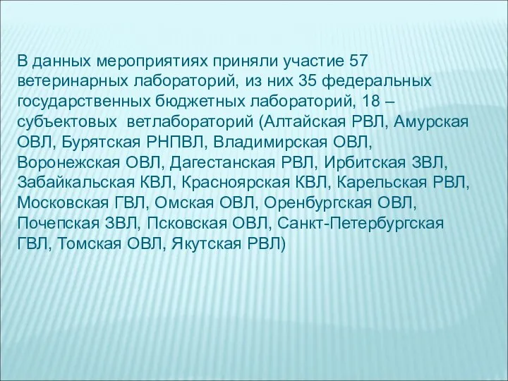 В данных мероприятиях приняли участие 57 ветеринарных лабораторий, из них 35 федеральных