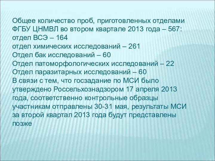 Общее количество проб, приготовленных отделами ФГБУ ЦНМВЛ во втором квартале 2013 года