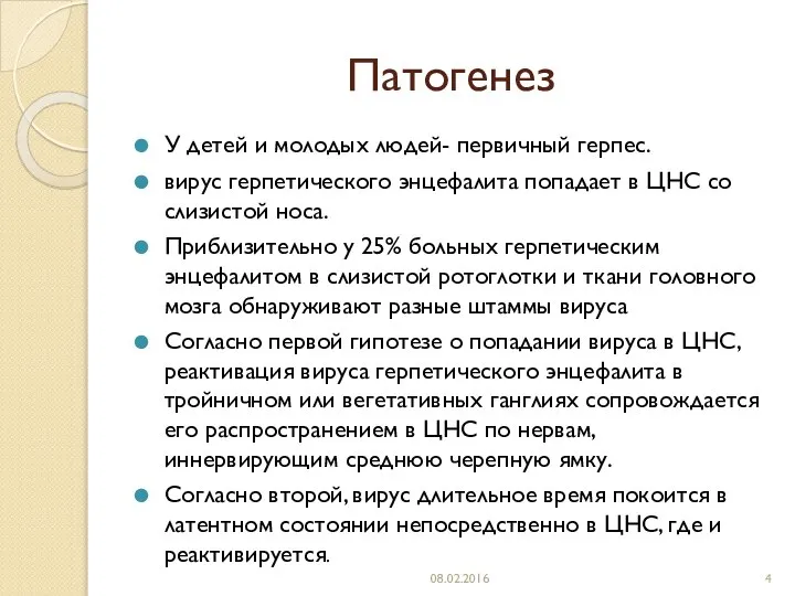 Патогенез У детей и молодых людей- первичный герпес. вирус герпетического энцефалита попадает