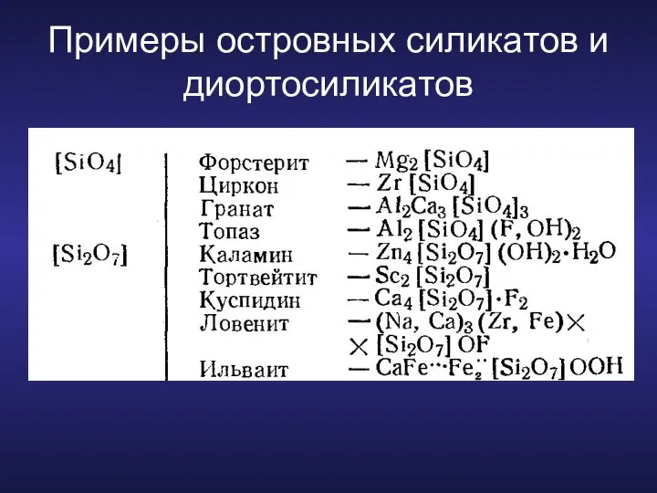 Примеры островных силикатов и диортосиликатов