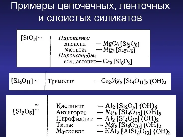 Примеры цепочечных, ленточных и слоистых силикатов