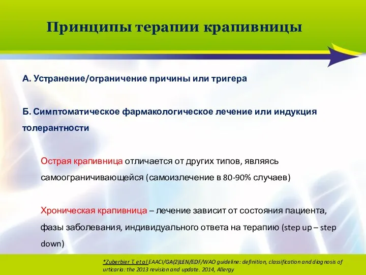 2013/02-062 Принципы терапии крапивницы А. Устранение/ограничение причины или тригера Б. Симптоматическое фармакологическое