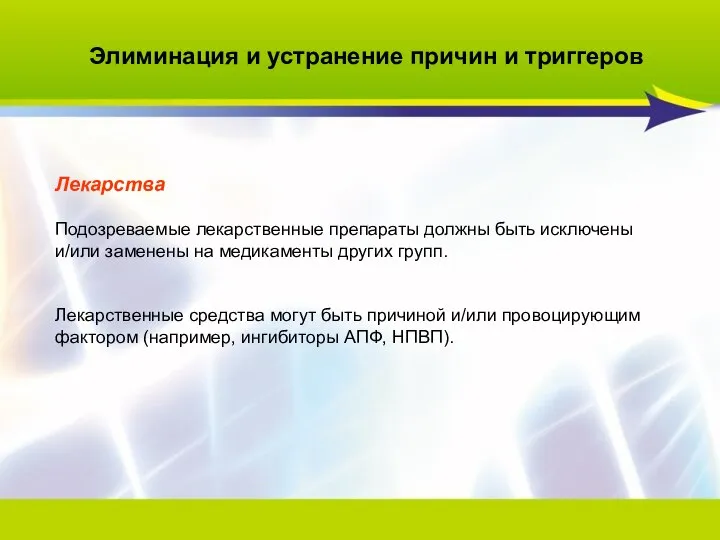 Элиминация и устранение причин и триггеров Лекарства Подозреваемые лекарственные препараты должны быть