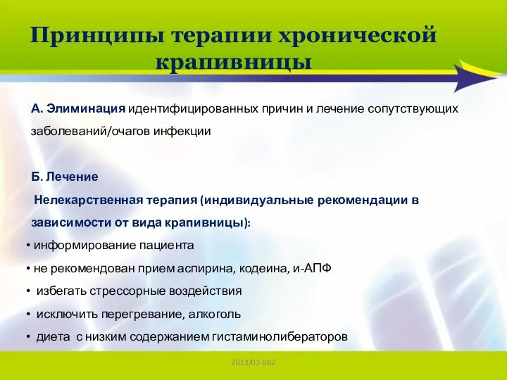 2013/02-062 Принципы терапии хронической крапивницы А. Элиминация идентифицированных причин и лечение сопутствующих