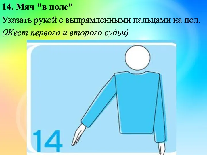 14. Мяч "в поле" Указать рукой с выпрямленными пальцами на пол. (Жест первого и второго судьи)