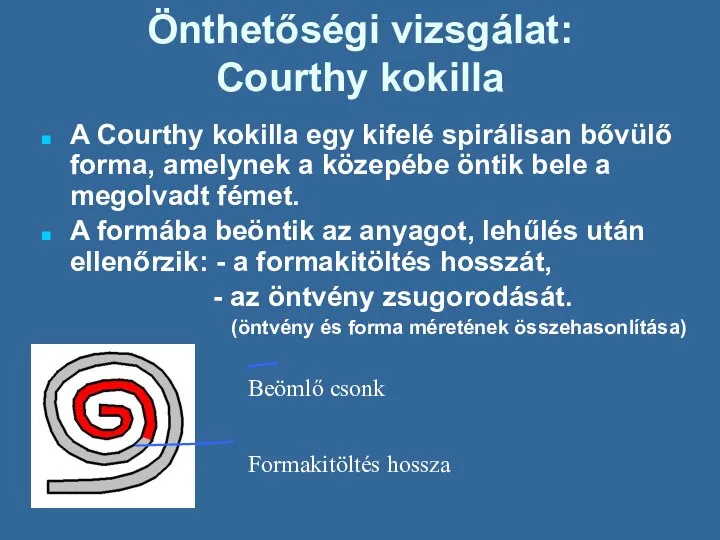 Önthetőségi vizsgálat: Courthy kokilla A Courthy kokilla egy kifelé spirálisan bővülő forma,