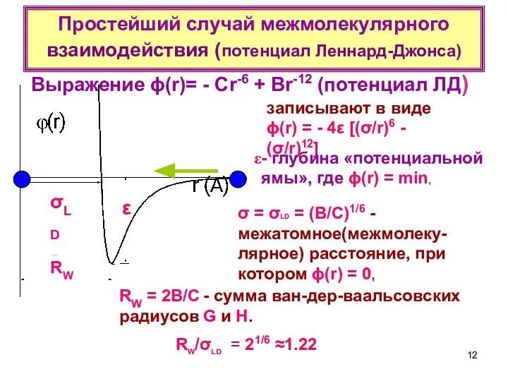 Простейший случай межмолекулярного взаимодействия (потенциал Леннард-Джонса) RW/σLD = 21/6 ≈1.22 записывают в