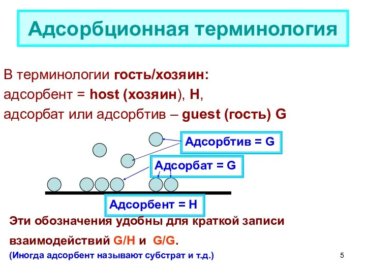 В терминологии гость/хозяин: адсорбент = host (хозяин), Н, адсорбат или адсорбтив –