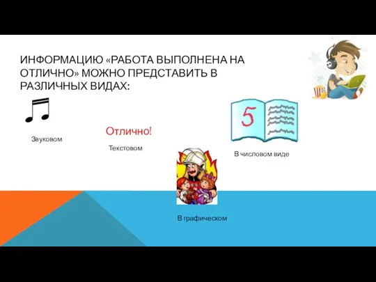 ИНФОРМАЦИЮ «РАБОТА ВЫПОЛНЕНА НА ОТЛИЧНО» МОЖНО ПРЕДСТАВИТЬ В РАЗЛИЧНЫХ ВИДАХ: В числовом