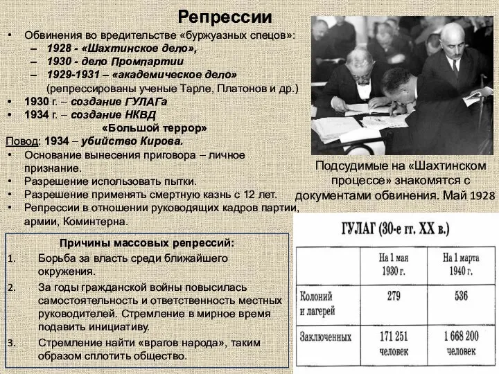 Репрессии Обвинения во вредительстве «буржуазных спецов»: 1928 - «Шахтинское дело», 1930 -