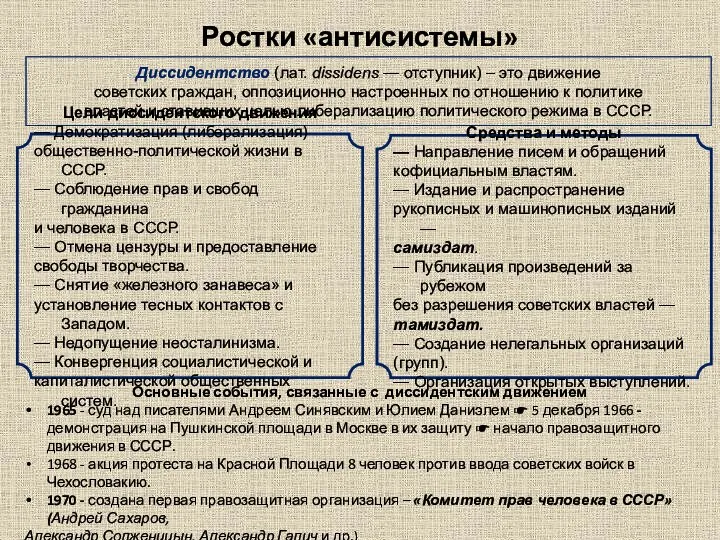 Ростки «антисистемы» Диссидентство (лат. dissidens — отступник) – это движение советских граждан,