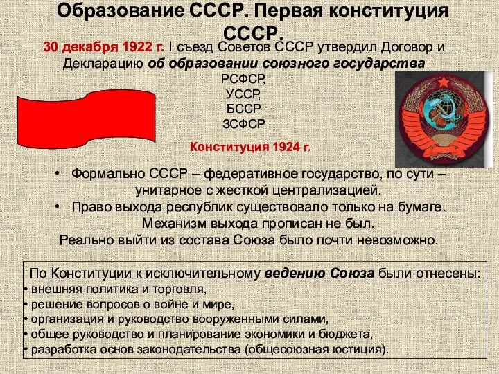 Образование СССР. Первая конституция СССР. 30 декабря 1922 г. I съезд Советов