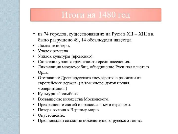 Итоги на 1480 год из 74 городов, существовавших на Руси в XII