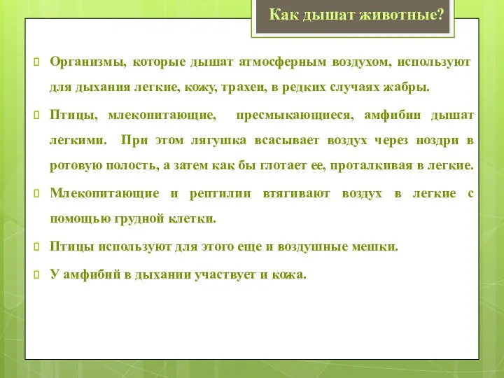 Организмы, которые дышат атмосферным воздухом, используют для дыхания легкие, кожу, трахеи, в