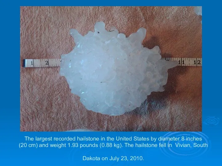 The largest recorded hailstone in the United States by diameter 8 inches