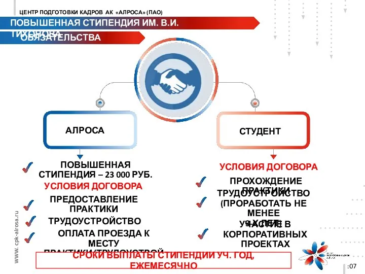 ОБЯЗАТЕЛЬНЫЕ ОБЯЗАТЕЛЬСТВА :07 ДОПОЛНИТЕЛЬНЫЕ АЛРОСА СТУДЕНТ ПРОХОЖДЕНИЕ ПРАКТИКИ ТРУДОУСТРОЙСТВО (ПРОРАБОТАТЬ НЕ МЕНЕЕ