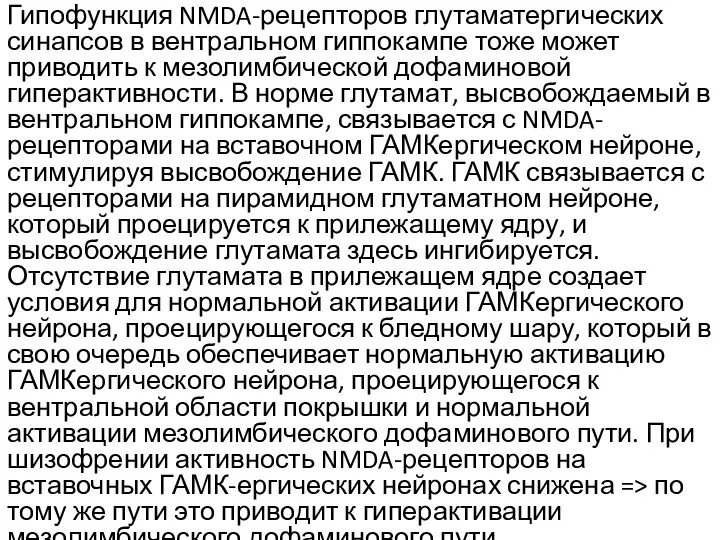 Гипофункция NMDA-рецепторов глутаматергических синапсов в вентральном гиппокампе тоже может приводить к мезолимбической