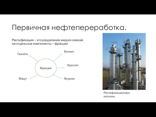 Первичная нефтепереработка. Ректификация – это разделение жидких смесей на отдельные компоненты –