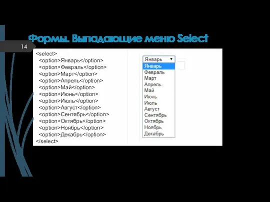 Формы. Выпадающие меню Select Атрибут selected –для выделения элемента