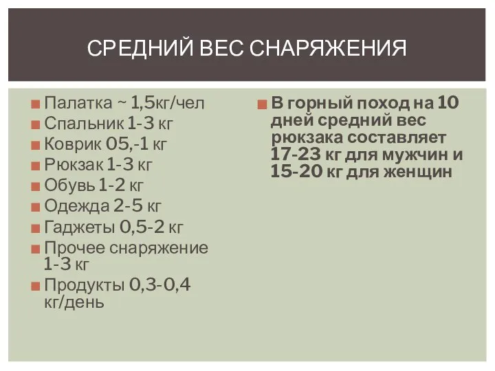 Палатка ~ 1,5кг/чел Спальник 1-3 кг Коврик 05,-1 кг Рюкзак 1-3 кг