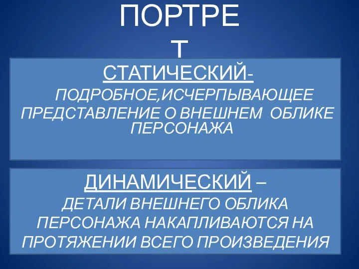 ПОРТРЕТ СТАТИЧЕСКИЙ- ПОДРОБНОЕ,ИСЧЕРПЫВАЮЩЕЕ ПРЕДСТАВЛЕНИЕ О ВНЕШНЕМ ОБЛИКЕ ПЕРСОНАЖА ДИНАМИЧЕСКИЙ – ДЕТАЛИ ВНЕШНЕГО