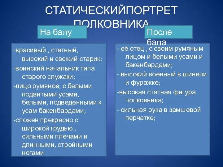 СТАТИЧЕСКИЙПОРТРЕТ ПОЛКОВНИКА -красивый , статный, высокий и свежий старик; -воинский начальник типа