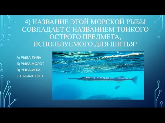 4) НАЗВАНИЕ ЭТОЙ МОРСКОЙ РЫБЫ СОВПАДАЕТ С НАЗВАНИЕМ ТОНКОГО ОСТРОГО ПРЕДМЕТА, ИСПОЛЬЗУЕМОГО