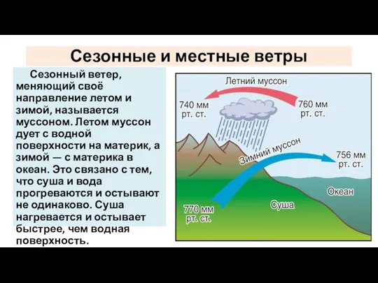 Сезонные и местные ветры Сезонный ветер, меняющий своё направление летом и зимой,