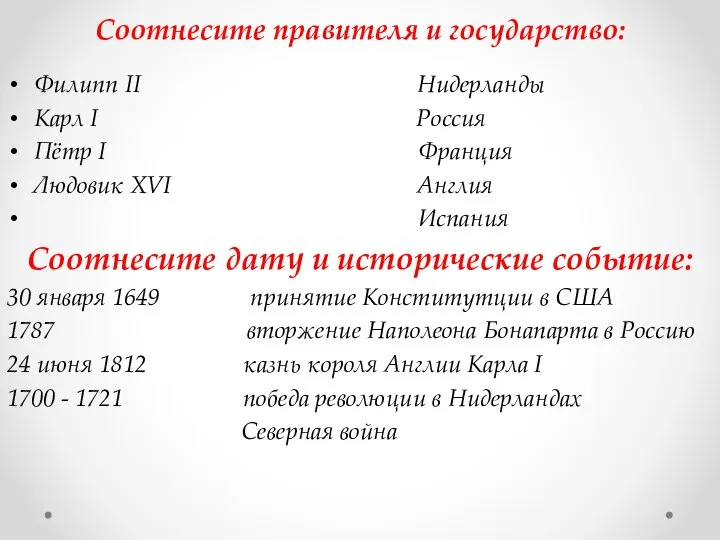 Соотнесите правителя и государство: Филипп II Нидерланды Карл I Россия Пётр I