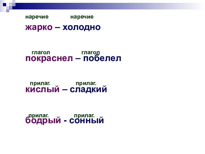 жарко – холодно покраснел – побелел кислый – сладкий бодрый - сонный