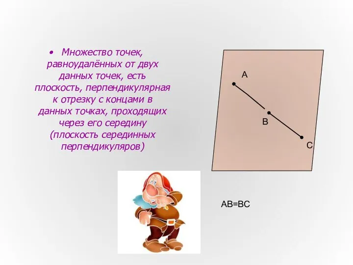 Множество точек, равноудалённых от двух данных точек, есть плоскость, перпендикулярная к отрезку