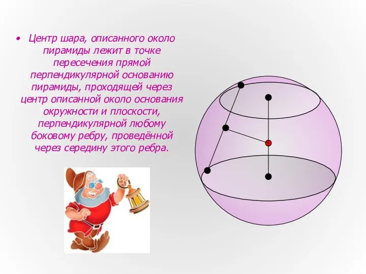 Центр шара, описанного около пирамиды лежит в точке пересечения прямой перпендикулярной основанию