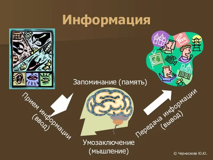 Информация Прием информации (ввод) Запоминание (память) Умозаключение (мышление) Передача информации (вывод)