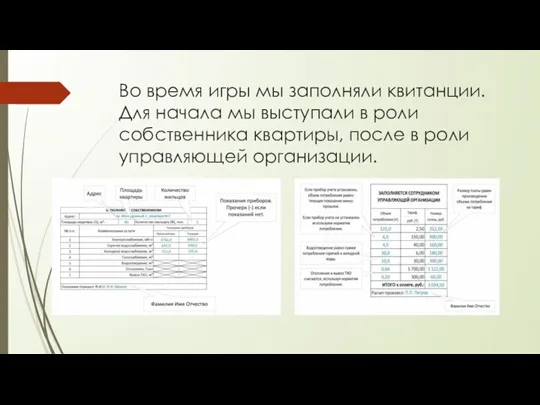 Во время игры мы заполняли квитанции. Для начала мы выступали в роли