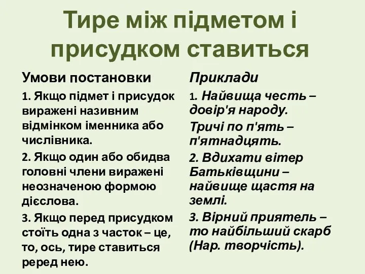 Тире між підметом і присудком ставиться Умови постановки 1. Якщо підмет і