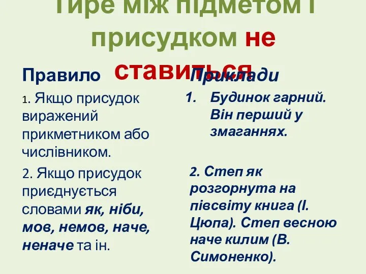 Тире між підметом і присудком не ставиться Правило 1. Якщо присудок виражений