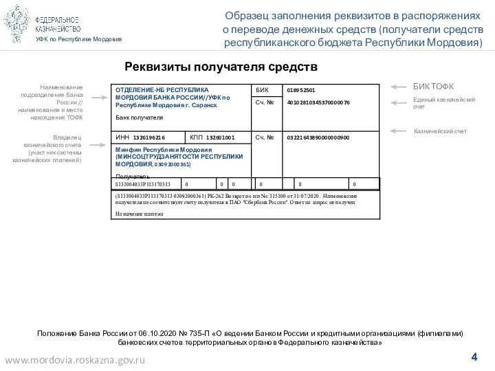 УФК по Республике Мордовия Образец заполнения реквизитов в распоряжениях о переводе денежных