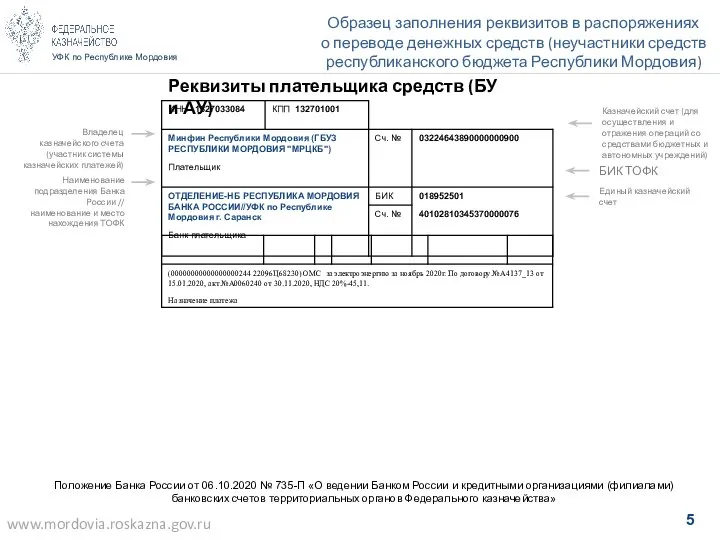 УФК по Республике Мордовия Образец заполнения реквизитов в распоряжениях о переводе денежных