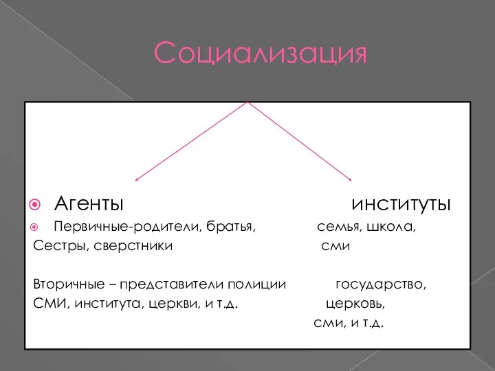 Социализация Агенты институты Первичные-родители, братья, семья, школа, Сестры, сверстники сми Вторичные –