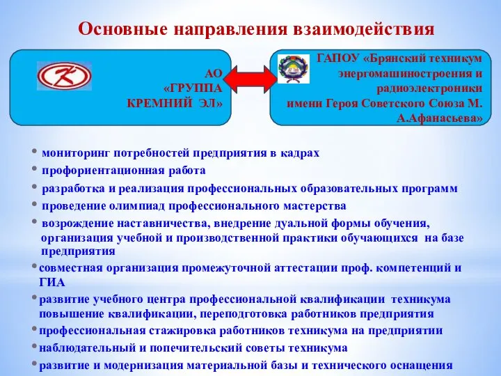 Основные направления взаимодействия мониторинг потребностей предприятия в кадрах профориентационная работа разработка и