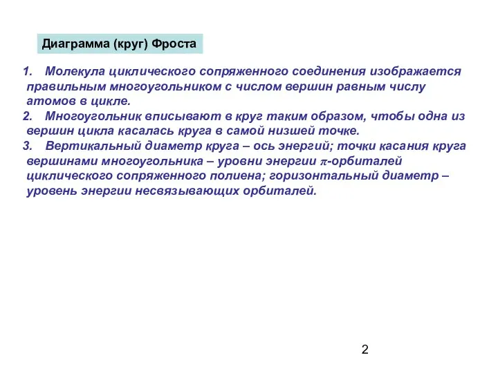 Диаграмма (круг) Фроста Молекула циклического сопряженного соединения изображается правильным многоугольником с числом